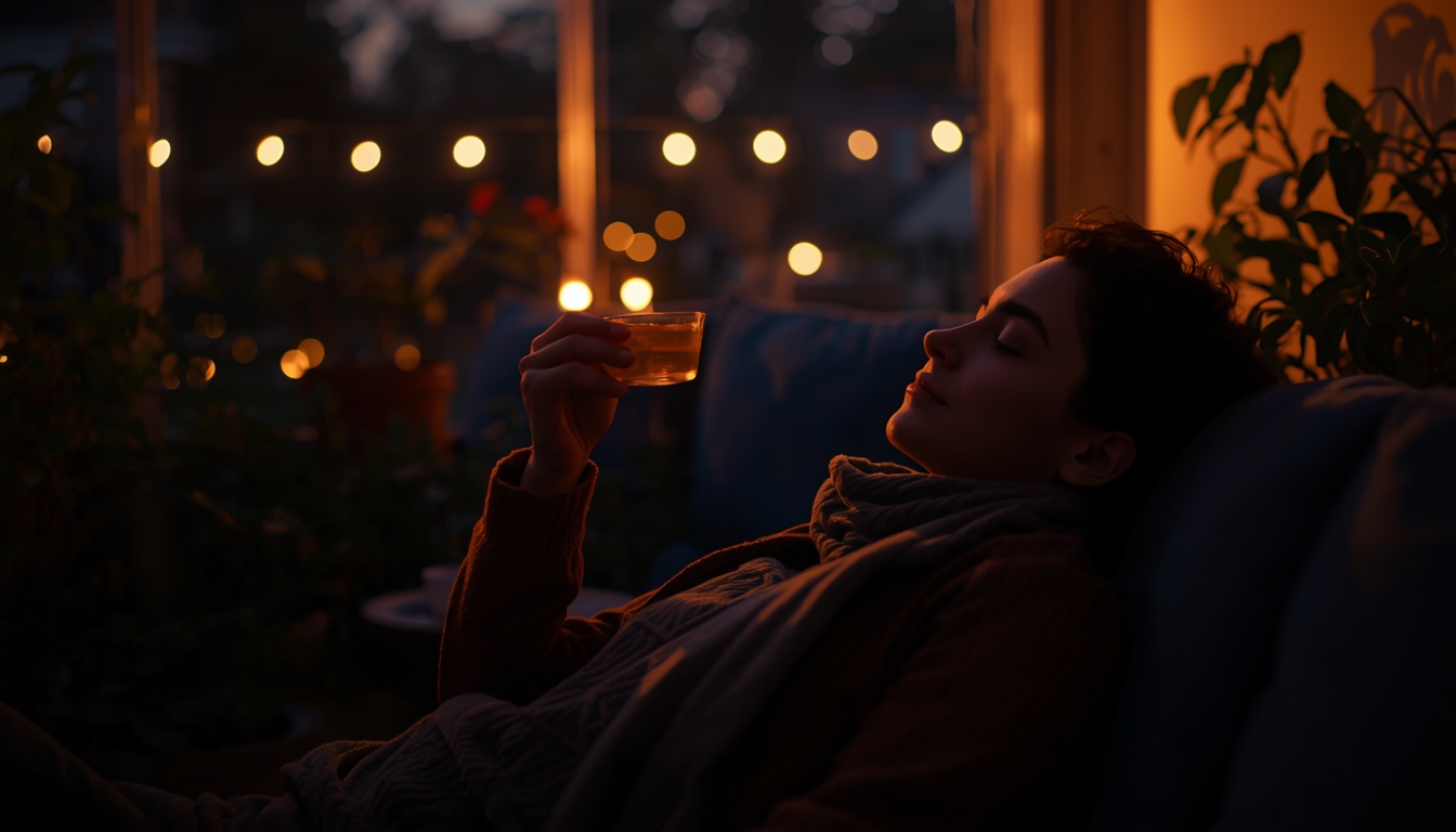 Person enjoying peaceful evening routine with warm lighting